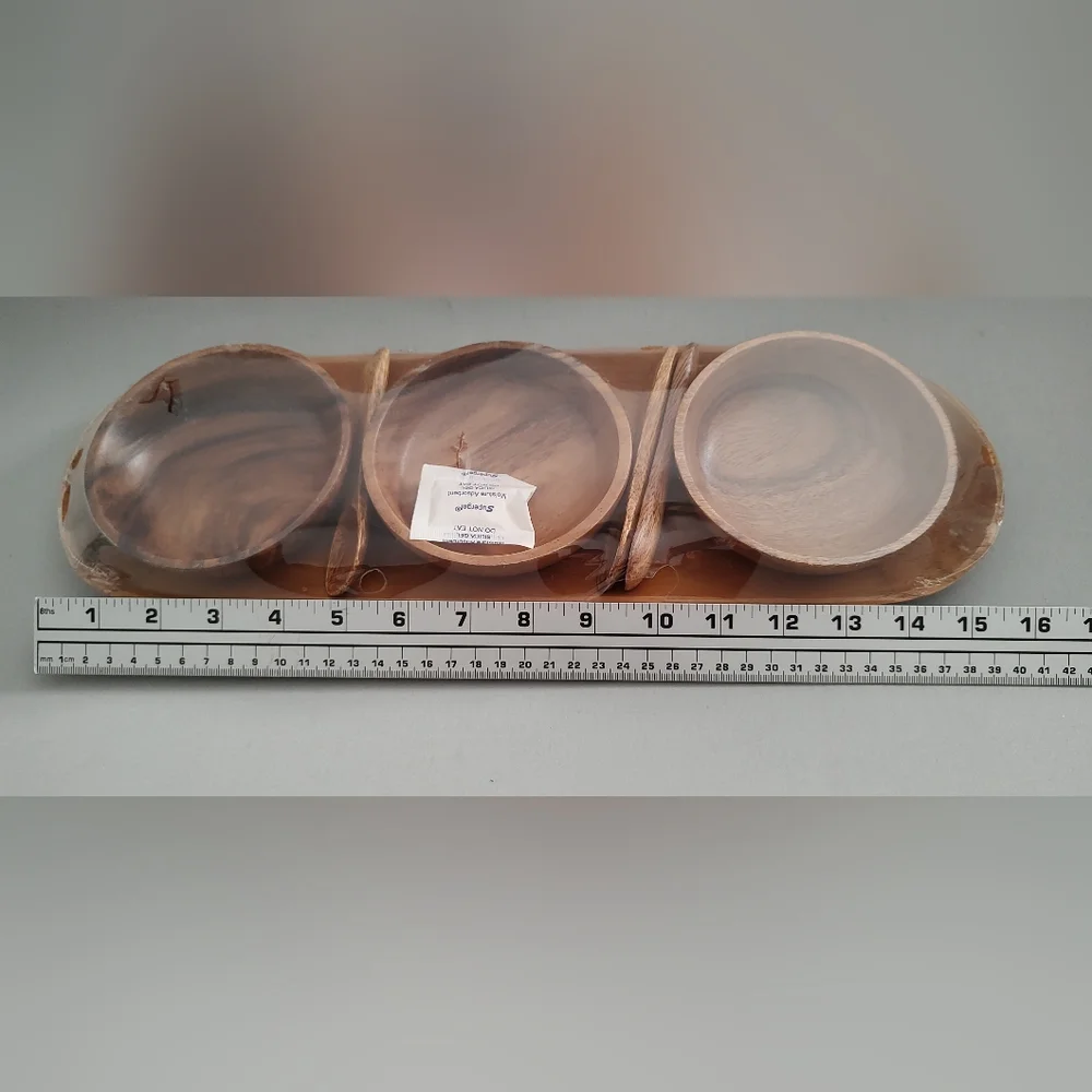 Wood Tray With Spoons  Condiments Server Platter Style  3 Containers  New